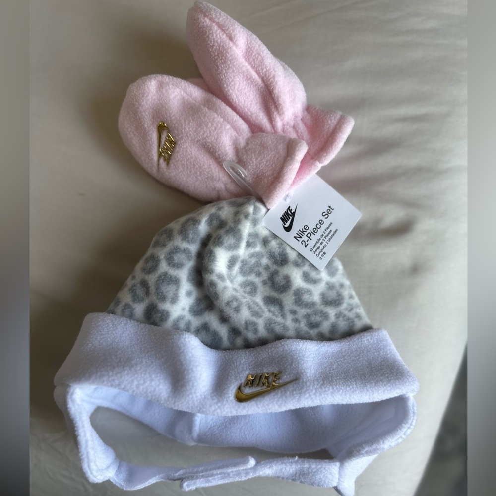 Nike Toddler Pink and Gray Hat and Mittens Set
